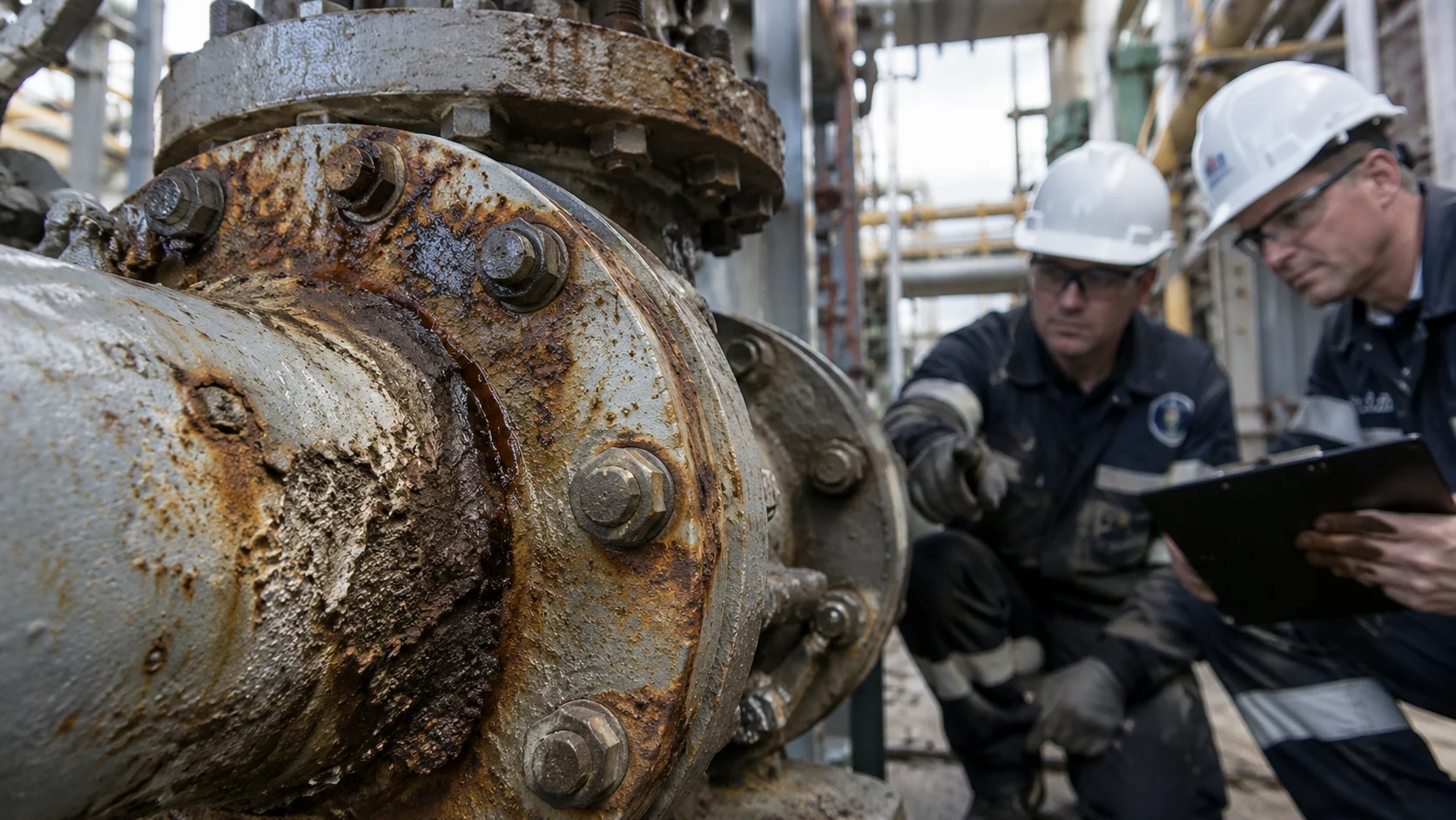 Industrial pipe flange corrosion and rust inspection prevented by Valtrix corrosion inhibitors and surface treatments